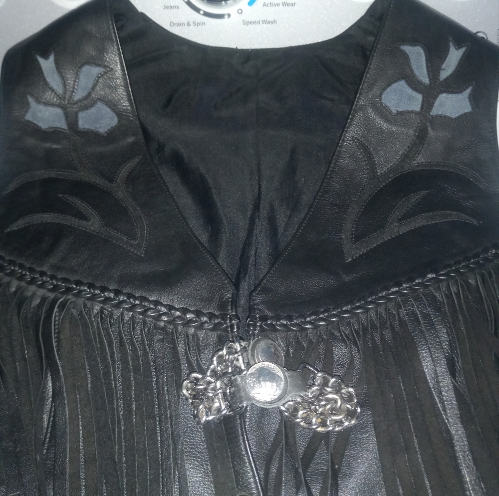 Vintage Buffalo Leather Vest Black with fringe Buffalo nickel snaps embroidery